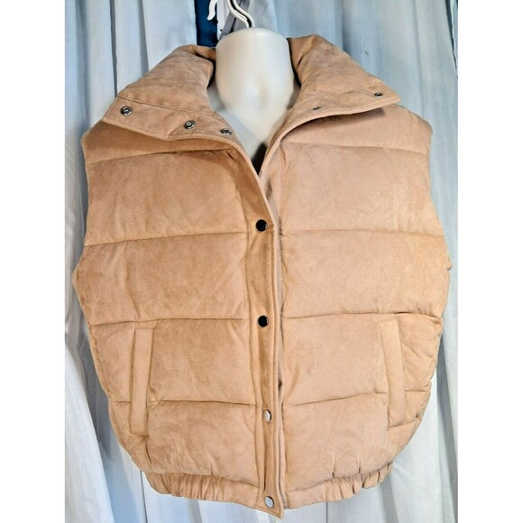 Express Faux Suede Tan Puffer Vest Zip Sample Size Mens Small Womens Large - Picture 1 of 15
